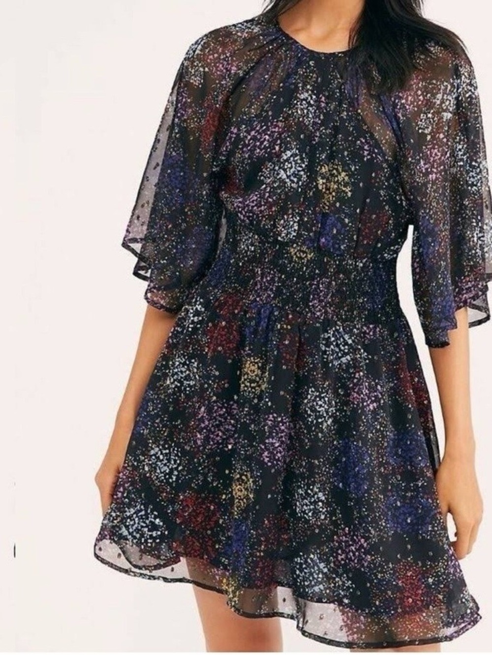 Free People Black Multi-Color Glitter Floral Mini Dress